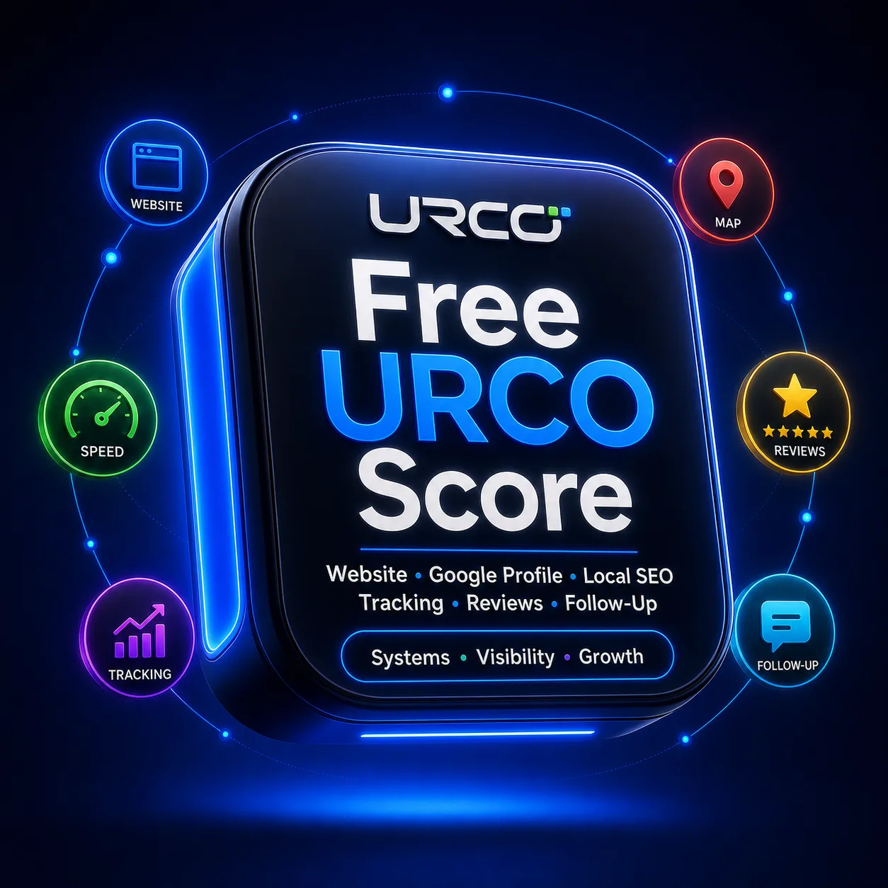 Free URCO Score visual for website, Google profile, local SEO, tracking, reviews, and follow-up.