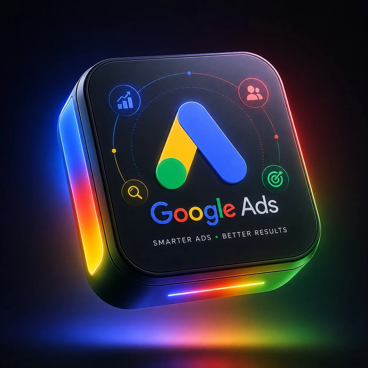 Google Ads growth system visual with paid search tracking icons.