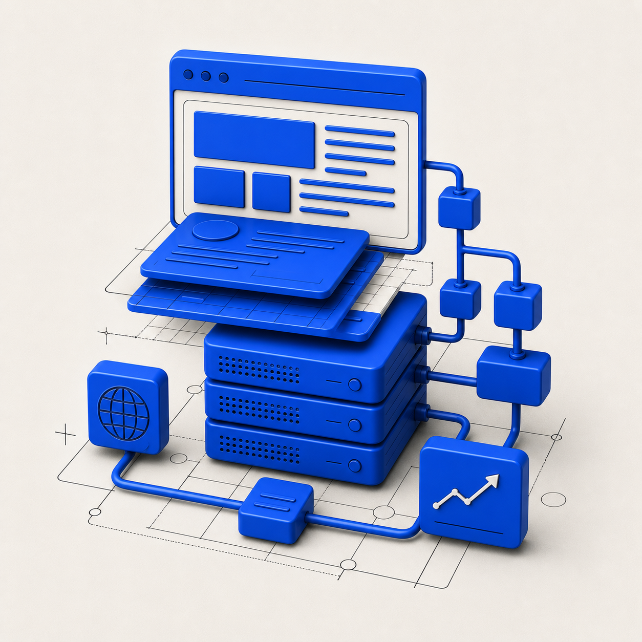 Blue website infrastructure system showing search and content structure.