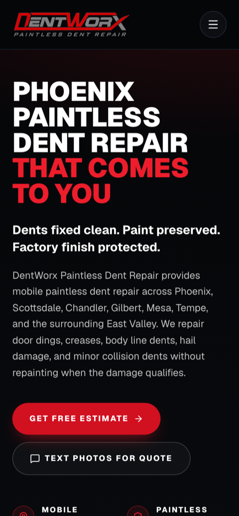 DentWorx Paintless Dent Repair website. Scrolling preview