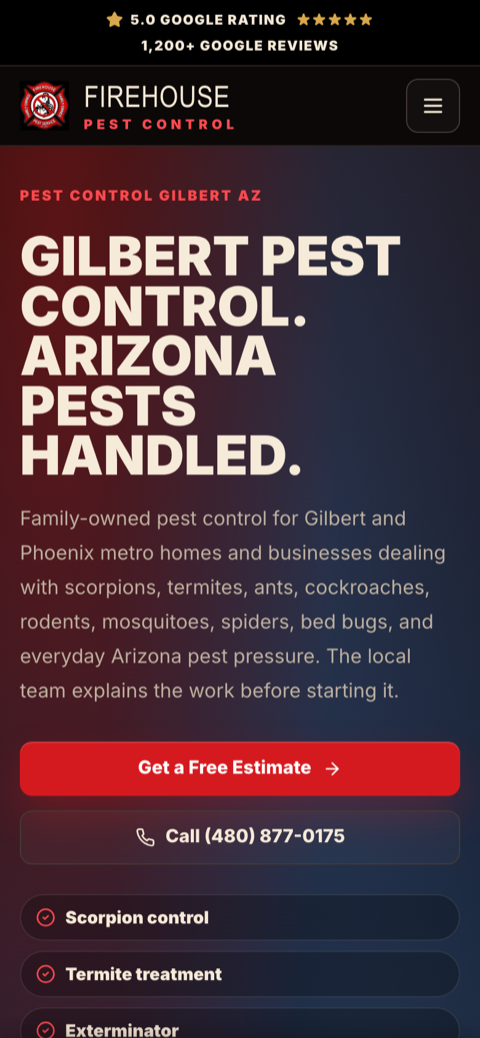 Fire House Pest Control Services website. Scrolling preview