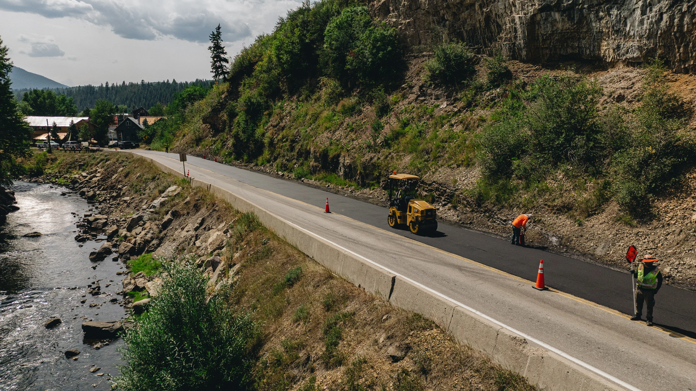 MD Asphalt paving work beside a Colorado mountain river