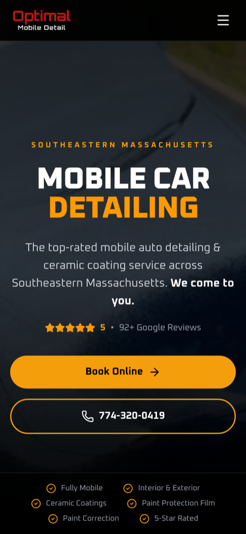 Optimal Mobile Detailing website. Scrolling preview