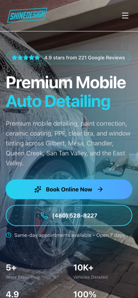 Shine Design Mobile Detailing website. Scrolling preview