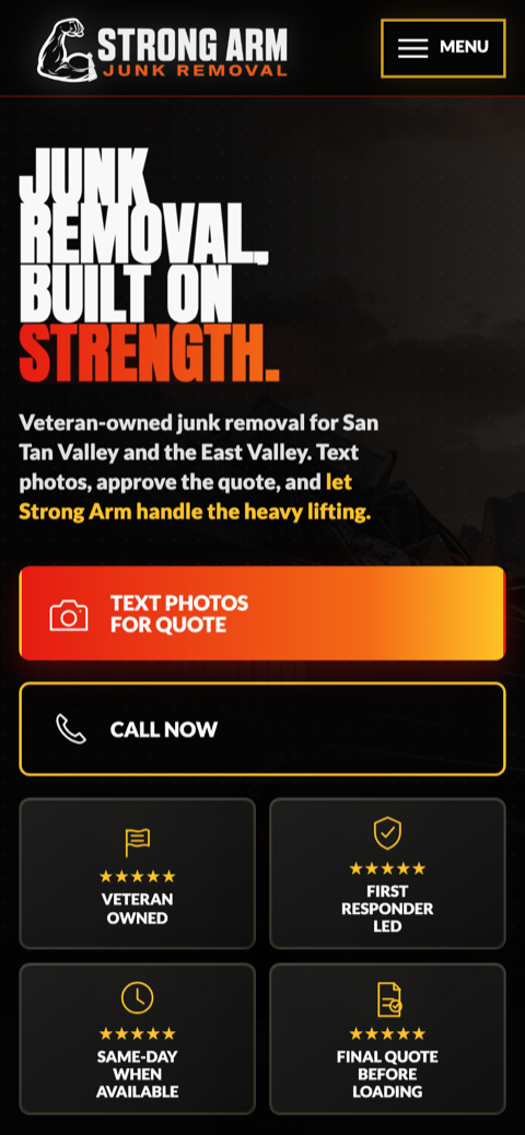 Strong Arm Junk Removal website. Scrolling preview